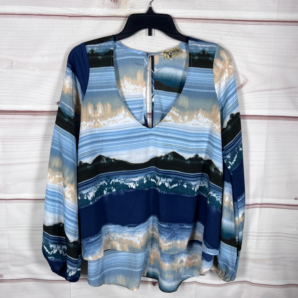 Show Me Your Mumu Top Women Small Blue Landscape Print V Neck Long Sleeve Blouse
